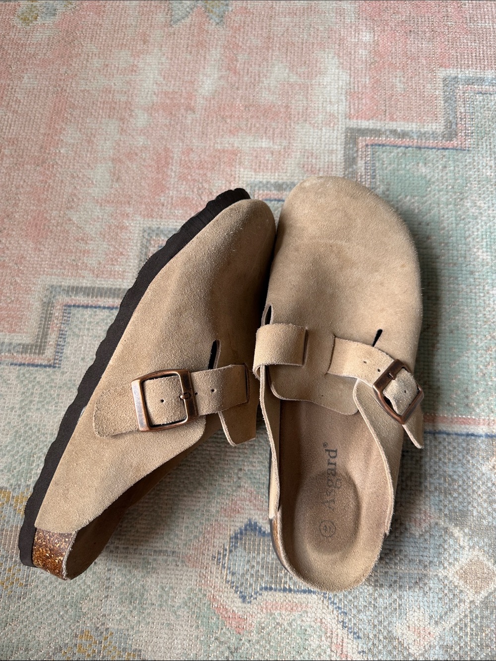 Women's Suede Slip-On Buckle Clog in Light Beige